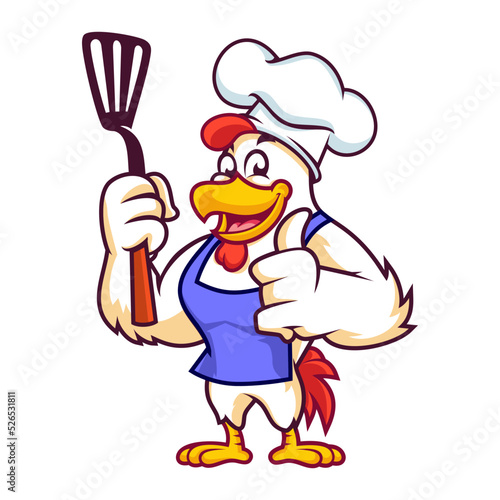 chicken mascot holding spatula giving thumbs up in vector 