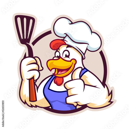 chicken mascot holding spatula giving thumbs up in vector 