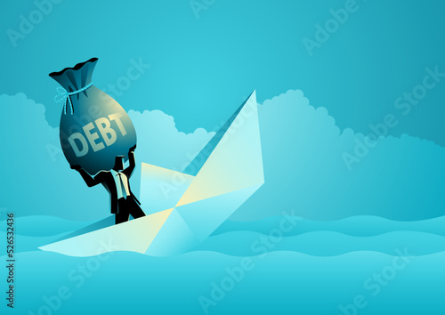 Businessman carrying a heavy debt caused the paper ship he was on to sink