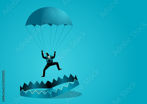 Businessman with parachute falling into bear trap