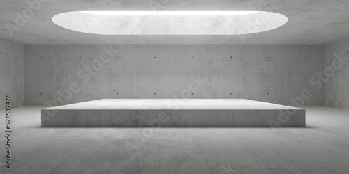 Abstract large, empty, modern concrete room, with oval ceiling opening, raised platform and rough floor - industrial interior background template