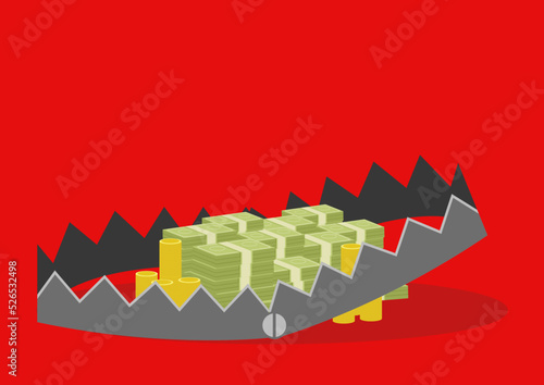 Pile of money in bear trap on red background
