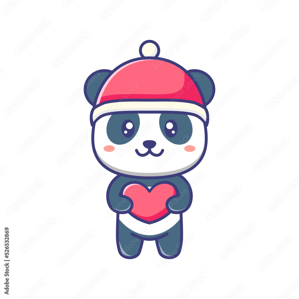 Cute baby panda love wearing a red hat cartoon illustration. Panda cartoon flat design with heart and red hat. For sticker, banner, poster, packaging, children book cover.