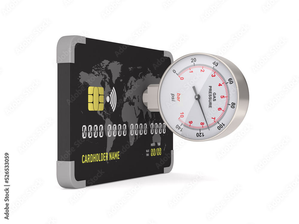credit card and manometer on white background. Isolated 3D illustration credit card and manometer on white background. Isolated 3D illustration
