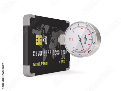 credit card and manometer on white background. Isolated 3D illustration