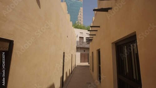 Point of view moving in the old arabic medieval narrow street, inner yard...