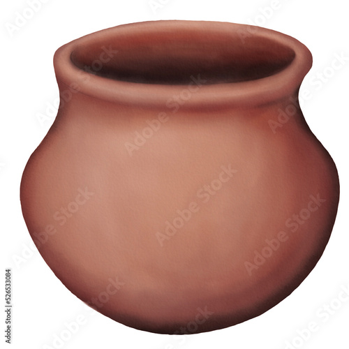 Valokuvatapetti Illustration of Ancient pottery has a wide opening and a low form in Watercolor