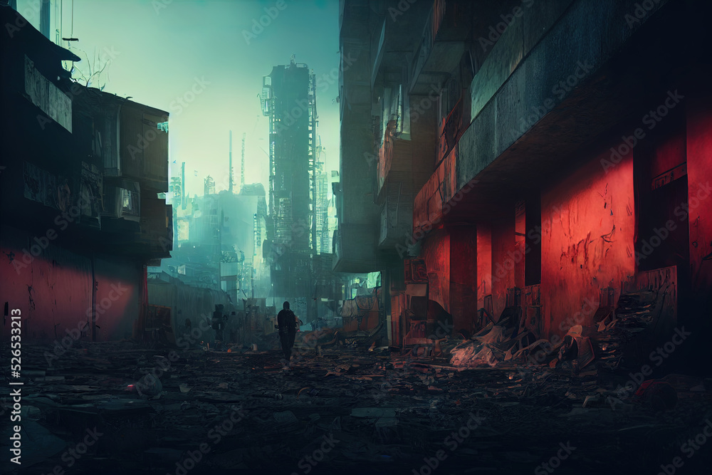 One man walking trough the ruins of a destroyed city. Post war scenery. Post apocalyptic digital painting wallpaper. Sad, destruction illustration. Abandoned, destroyed cityscape. Lonely, sad feeling.