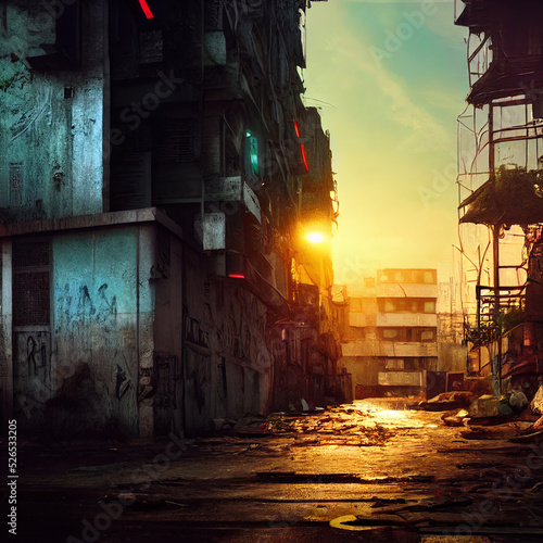 Sunset on a destroyed city. Post apocalyptic view of a city after being destroyed by a nuclear war. Digital painting of buildings in ruins after earthquake. Empty abandoned cityscape.