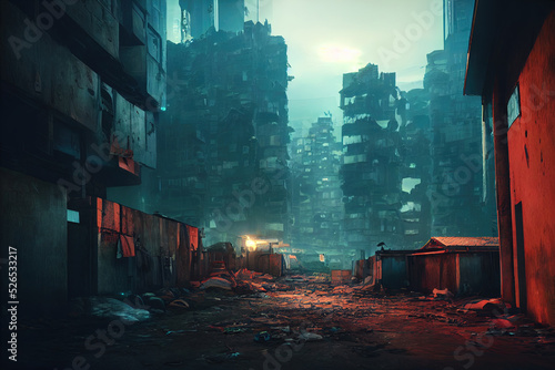 Empty post apocalyptic city landscape. Digital painting of building in ruins  destroyed. Futuristic slum. Broken  deserted cityscape. Post-war scenery  abandoned house. Digital painting of demolition.