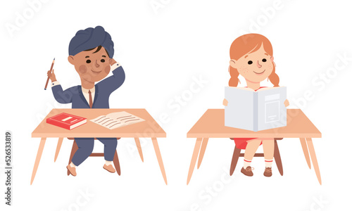 Little Arab Boy and Girl Pupil Sitting at Table with Copybook Engaged in Elementary Education Vector Set