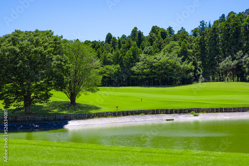 青空のゴルフ場・コブの丘やハザードの池が戦略的で難しいコースの眺め（千葉県木更津市）