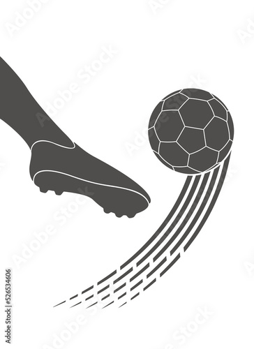 Football, footballer's leg, sports cleats, ball kick. Vector drawing of a ball kicking. Soccer ball. Sport icon. Eps 8 format.