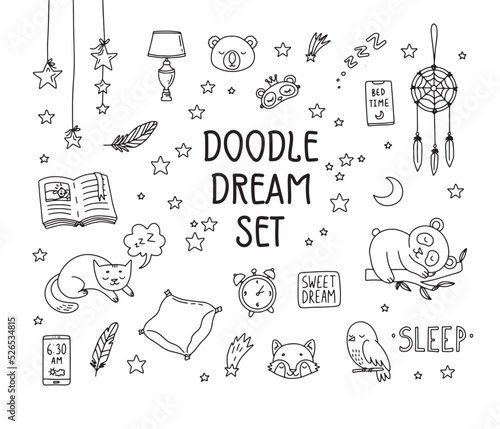 Sleep dream cute outline Doodle icons. Sleeping simple cartoon drawing style. 
