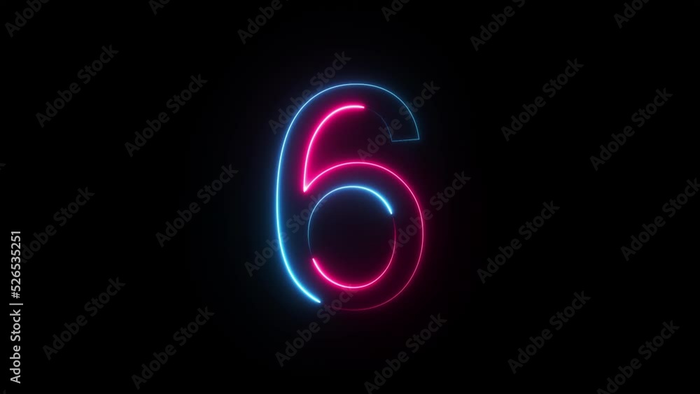 Bright neon glowing number 6, light pink blue color symbol, seamless loop animation on black background Bright neon glowing number 6, light pink blue color symbol, seamless loop animation on black background