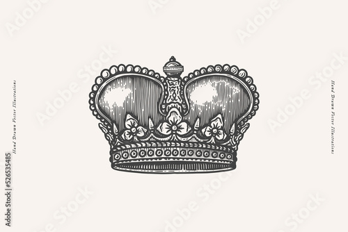 Imperial crown in engraving style. Symbol of royalty on a light isolated background. Vintage vector illustration.