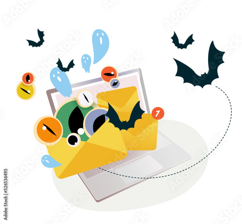Halloween newsletter banner.Mailing vector template. Paper envelope and laptop filled with spooky ghosts, eyes and bats. Template for website, mailing or print.