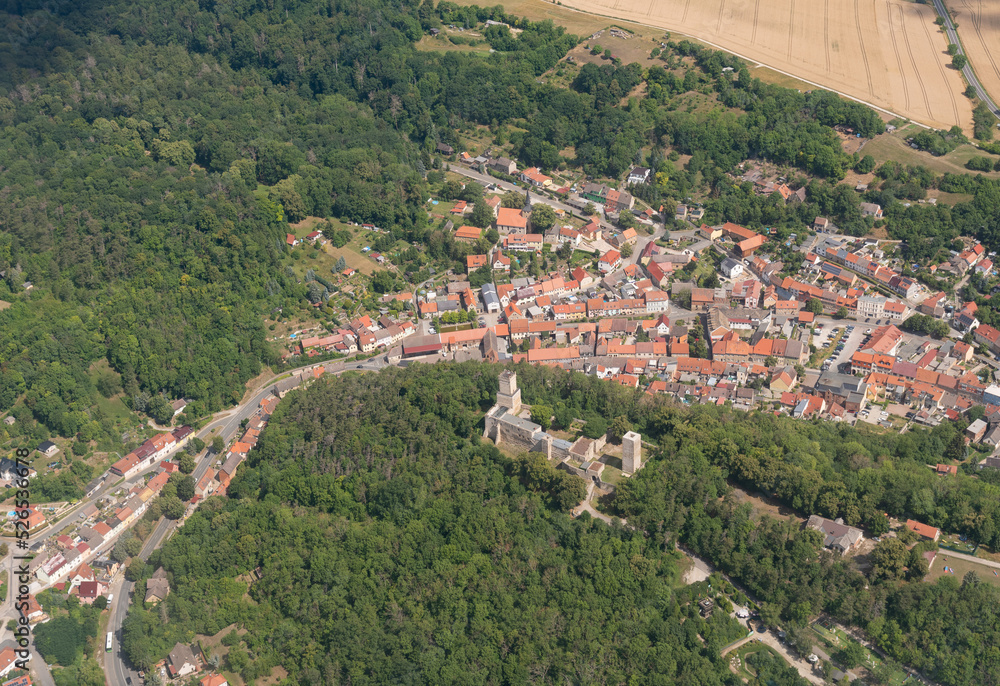 Historic ruin Eckartsburg in Germany seen from above