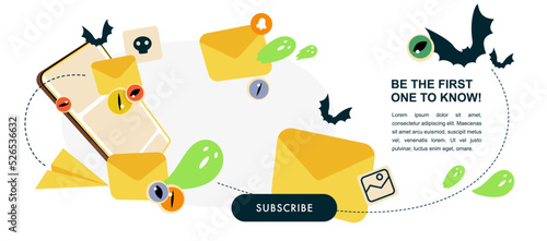 Halloween newsletter banner. Mailing vector template.S martphone with flying paper envelopes filled with spooky ghosts, eyes and bats. Template for website, mailing or print.