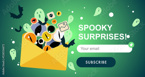 Halloween newsletter banner. Newsletter vector template. Paper envelope filled with spooky ghosts, eyes and bats. Template for website, mailing or print.