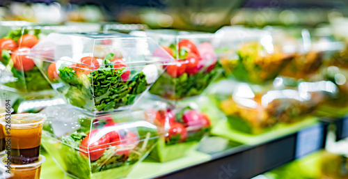 Vegetable salads displayed in a commercial refriger