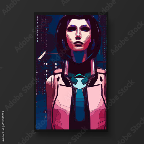Cyberpunk woman portrait.  Woman beauty fashion concept, minimalistic style. Trendy modern illustration for poster, banner, cover.