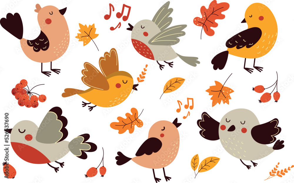 A set of cute autumn birds. A set of autumn illustrations for postcards and T-shirts. A set of cute autumn birds. A set of autumn illustrations for postcards and T-shirts.