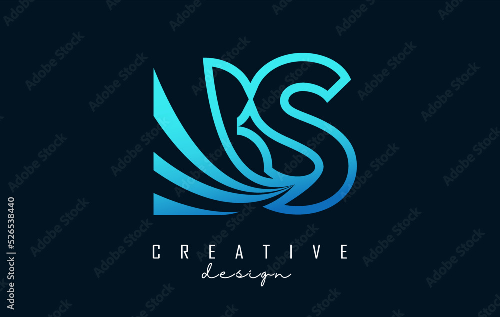 Outline blue letters BS b s logo with leading lines and road concept design. Letters with geometric design.