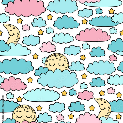 Kawaii moon pattern. Full moon, yong moon, stars, clouds print. Cute set of night icons. Night children background. Cartoon moon face backdrop. Color pastel heavenly body. Bedtime stories texture.
