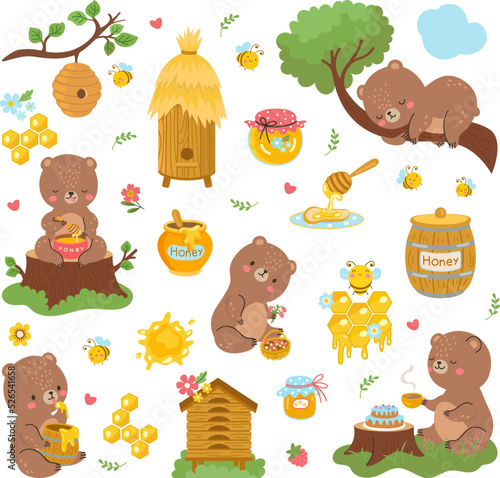 Bear and honey. Cartoon bees bears, cute forest animal flying bee and honeycomb. Sweet healthy food in jar, wild nowaday vector comic characters