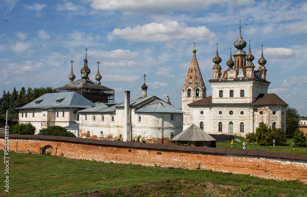 Beautiful panorama of the old Kremlin with historical churches and a stone fortress wall in Yuriev-Polsky, Vladimir region, Russia