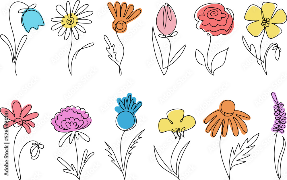 One line flowers. Continuous lines minimalist flower elements. Artwork drawing, botanical simple floral daisy. Blossom nature decent vector set