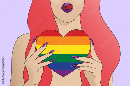 Illustration of an unrecognizable sexy transgender person holding a rainbow flag heart on purple background. LGBTQ queer.
