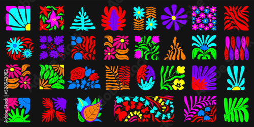 Acid abstract contemporary elements. Floral contemporary matisse style art botanical geometry shapes. Bright neon trendy doodle flowers decent vector set