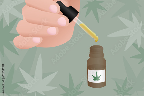 Illustration of a hand holding a dropper with CBD oil. Medical marijuana.