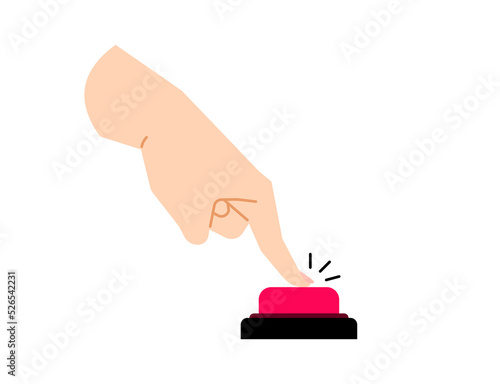 Female hand, actively pushing big red button. Simple flat illustration for tacking action or setting the alarm. Assistance or alert banner and website concept.