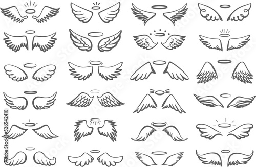Hand drawn wings with halo. Holy angels symbols, sketch drawing elements for print or decor. Wing shapes of birds, saint vintage neoteric vector clipart