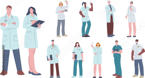 Doctor and nurse characters. Happy hospital workers, nurses lab portrait. Medical care group professionals. Healthcare and clinic kicky vector occupations