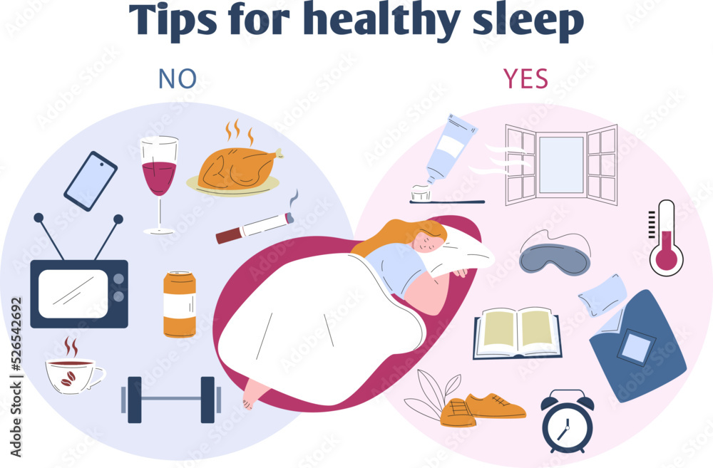 Young girl sleep in bed and well and bad habits. Healthy sleeping tips, good food and training. Insomnia treatment, better dreaming at night kicky vector infographic Young girl sleep in bed and well and bad habits. Healthy sleeping tips, good food and training. Insomnia treatment, better dreaming at night kicky vector infographic