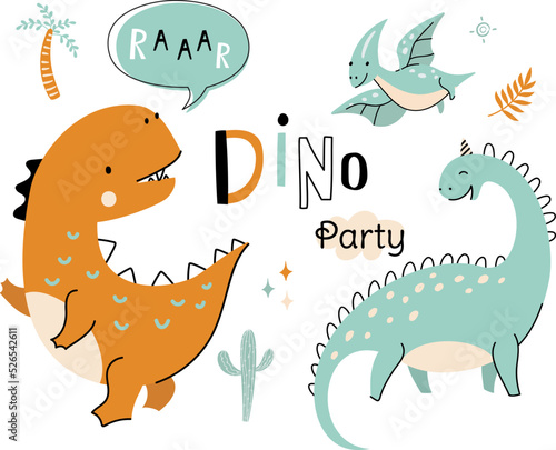 Dinosaur poster for cool kid boy party. Cute dino print t-shirt, art card with funny dinosaurs. Isolated wild prehistoric animals for nowaday nursery, vector background