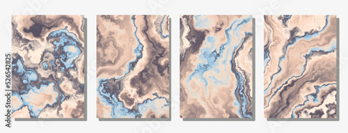 Set of cover templates. Light brown marble backgrounds with blue and black veins