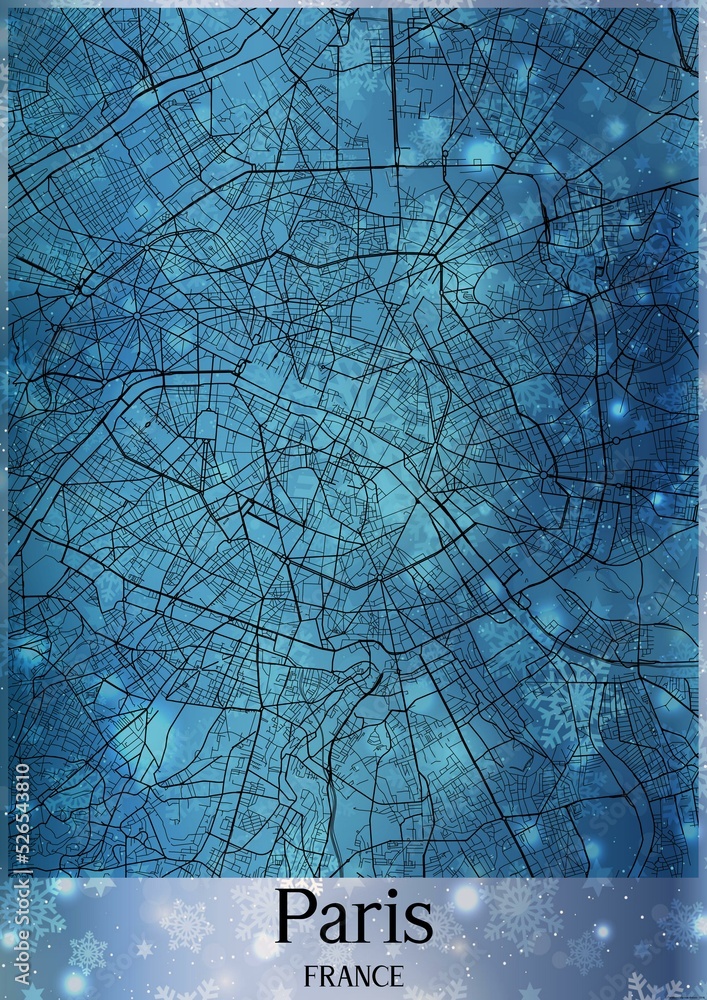 Christmas background, Chirstmas map of Paris France, greeting card on blue background.