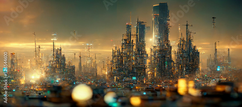 design of sunset in city with a steampunk theme concept of future of steampunk , factory city abstract illustation design