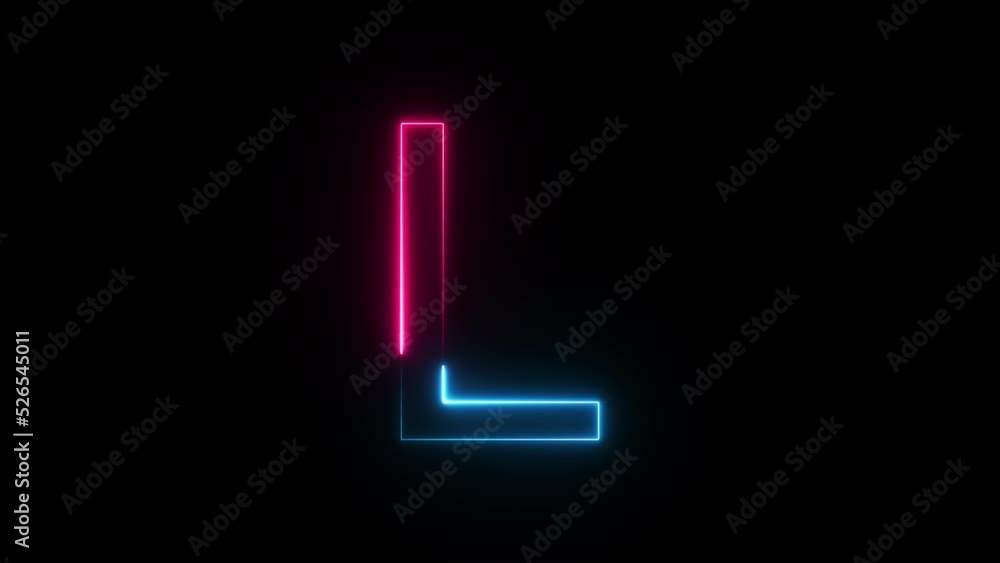 Bright neon glowing light blue pink letter L. Seamless looping animation on black background Bright neon glowing light blue pink letter L. Seamless looping animation on black background