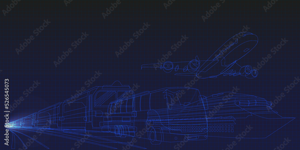 Train, passenger bus, passenger plane and cruise ship. Futuristic ...