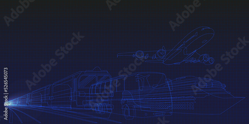 Train, passenger bus, passenger plane and cruise ship. Futuristic vector background. Blue shiny background template on the theme of transport and transportation.