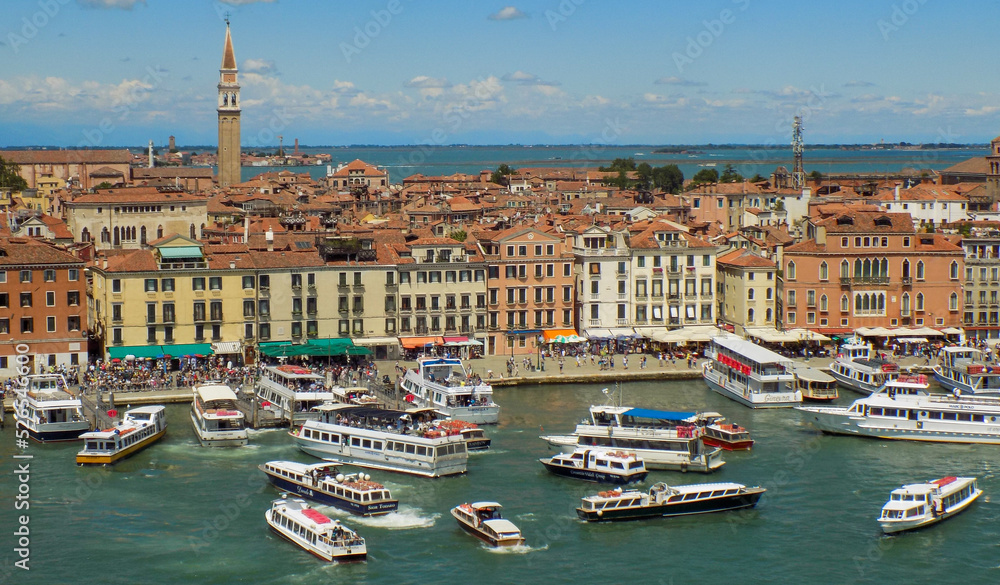 Venice, Italy, from a Cruise Ship Entering the Harbor Looking at a Boat Traffic Jam Panorama