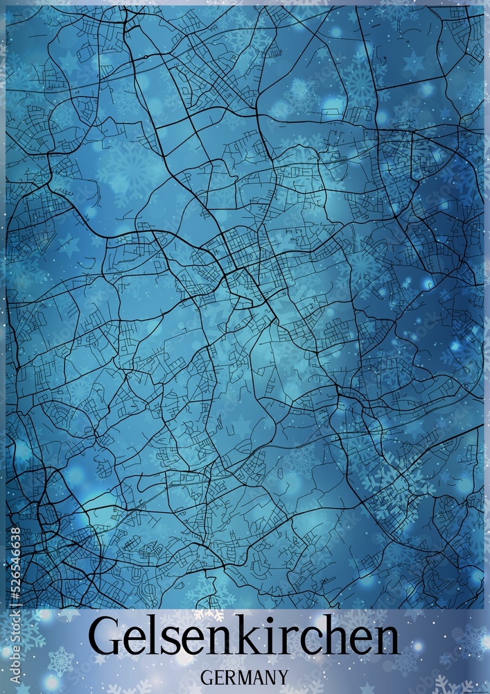 Naklejka premium Christmas background, Chirstmas map of Gelsenkirchen Germany, greeting card on blue background.