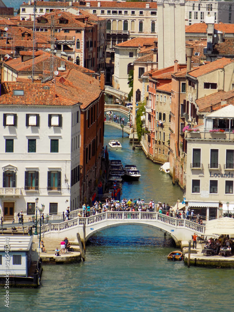 Venice, Italy, from a Cruise Ship Entering the Harbor Looking at the Famous Bridge over a Canal with Gondolas