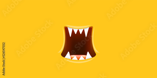 Vector Cartoon wide open monster mouth with fangs isolated on orange background. Funny and cute green Halloween Monster open mouth with big white teeth and pink tongue